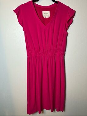 Kate Spade Hot Pink V-Neck Ruffle Sleeve Crepe Fluid Frill Dress